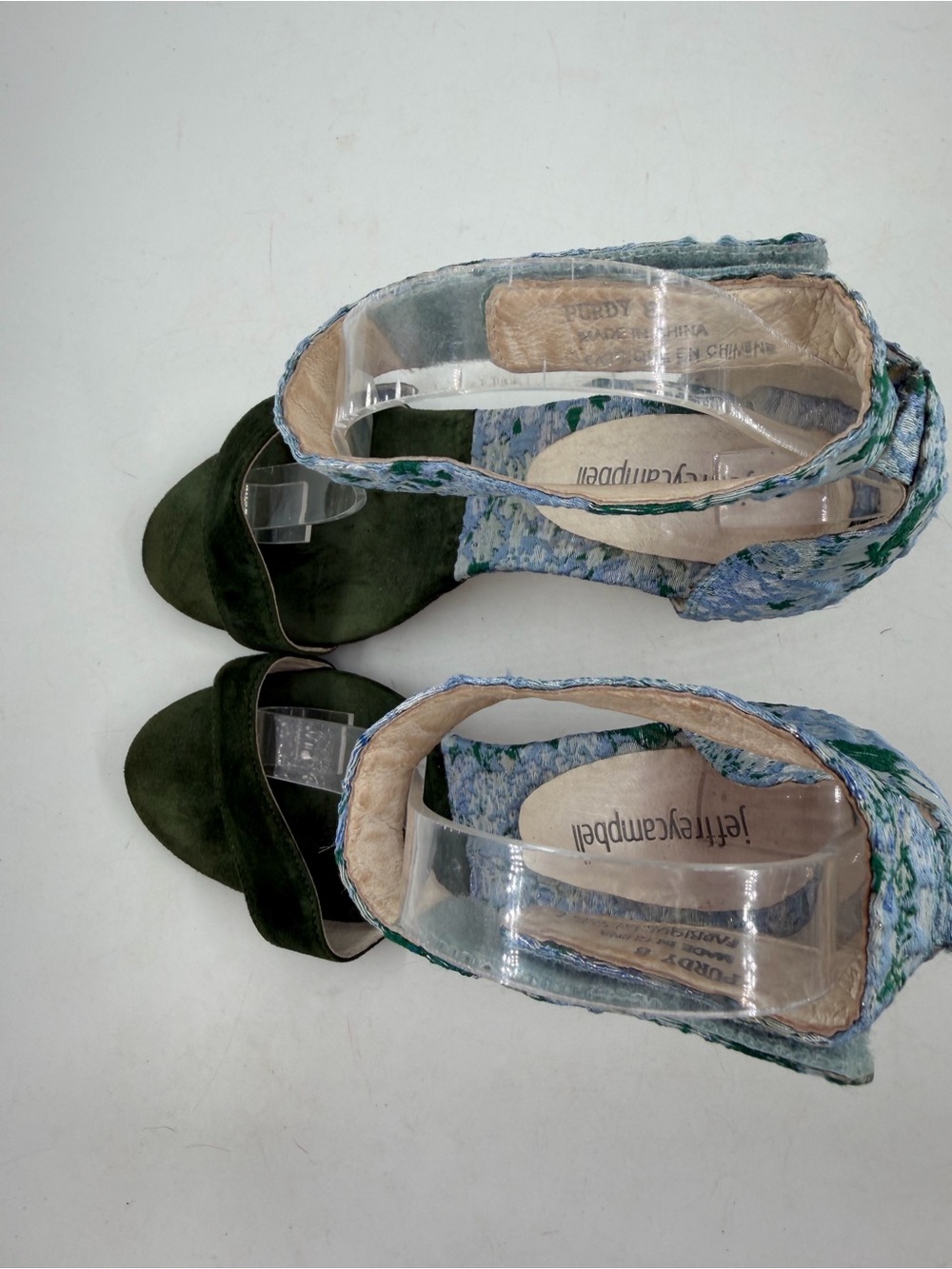 Jeffrey Campbell Purdy Blue Fabric Floral -SZ 8- Green Suede Block Heels Sandals - Picture 5 of 14